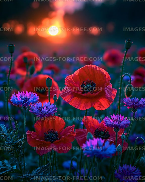 Vibrant flowers at sunset in a poppy field