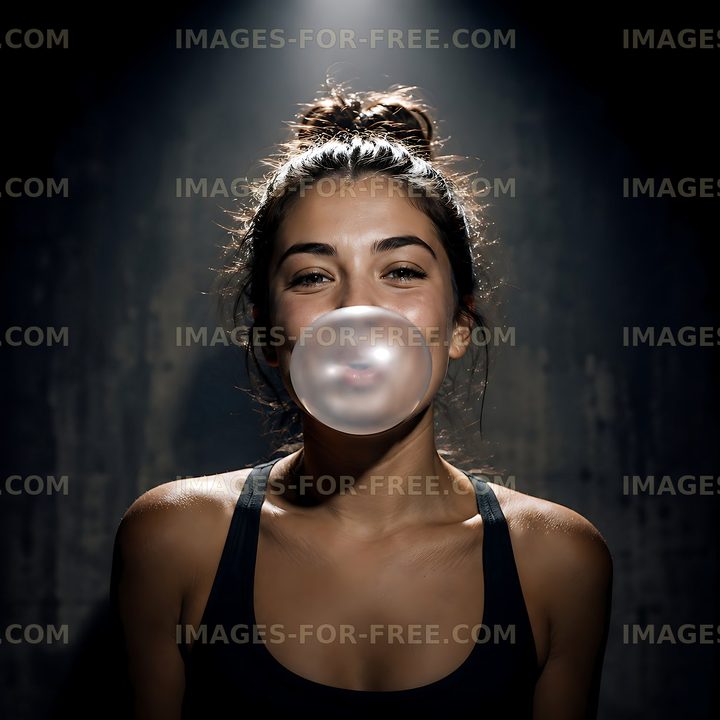 Woman blowing a bubble with chewing gum in a dimly lit space