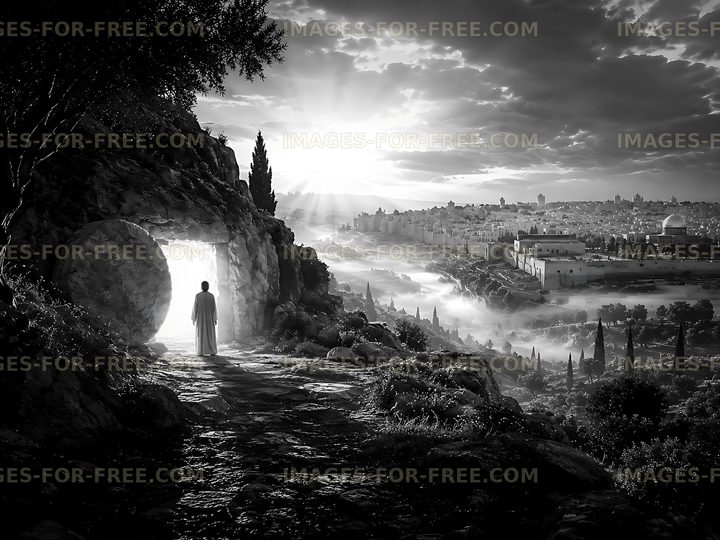 Scene of resurrection near ancient tomb with city view