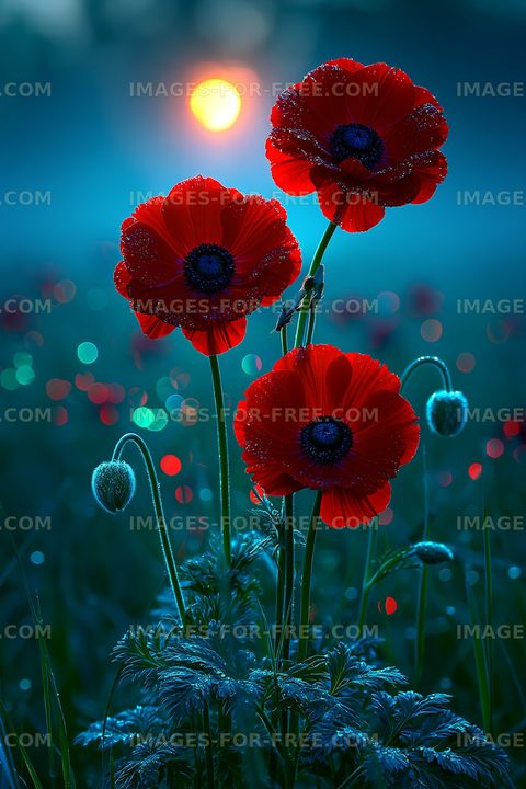 Three red flowers in a field at dawn