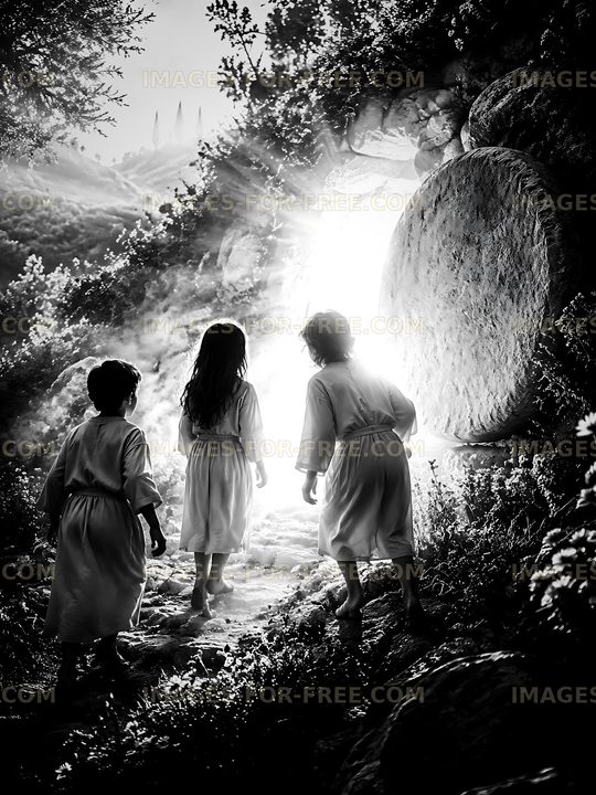 Children explore a lighted entrance in a forest