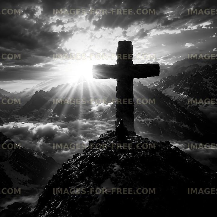 Mountain cross at sunrise with person sitting nearby
