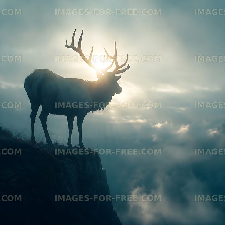 Stag silhouette against a cloudy sky at sunrise