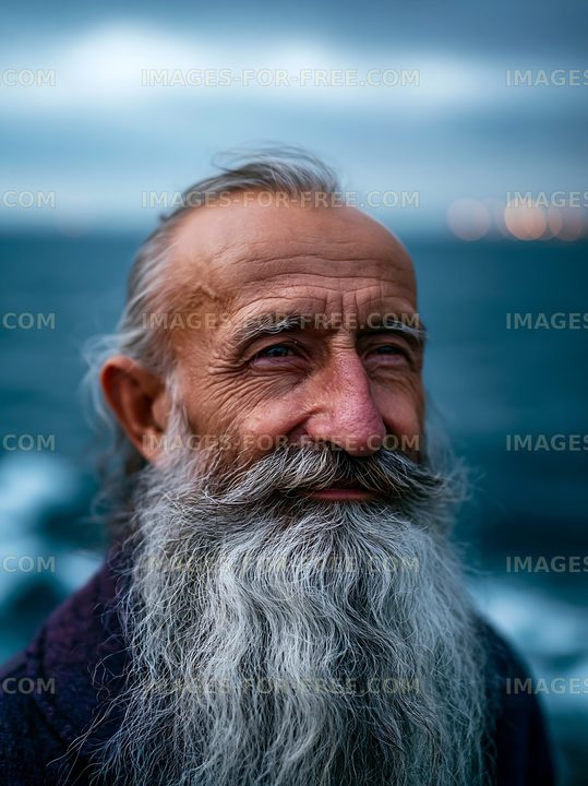 Elderly man with a long beard smiling by the sea