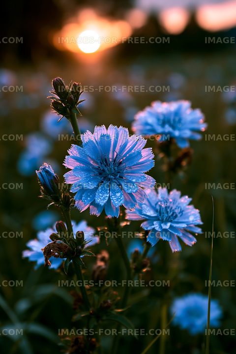 Blue flowers with dew at sunset in a grassy field