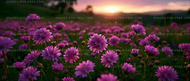 Sunset over a field of blooming purple flowers