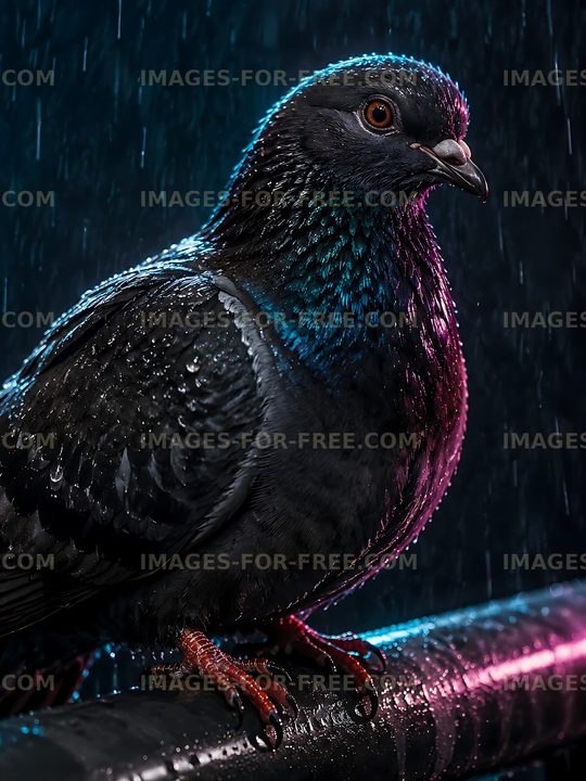 Pigeon perched on a wet metal bar in the rain