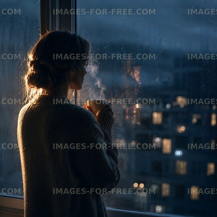 Woman enjoying drink by window at night
