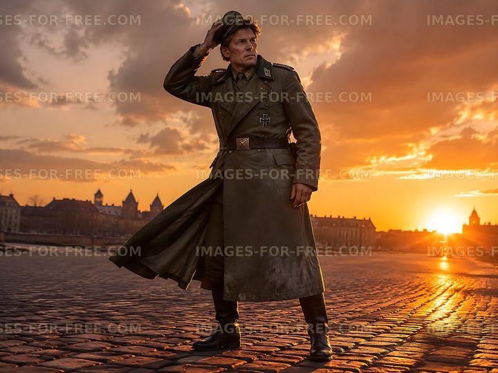 Soldier in uniform standing at sunset by historic buildings