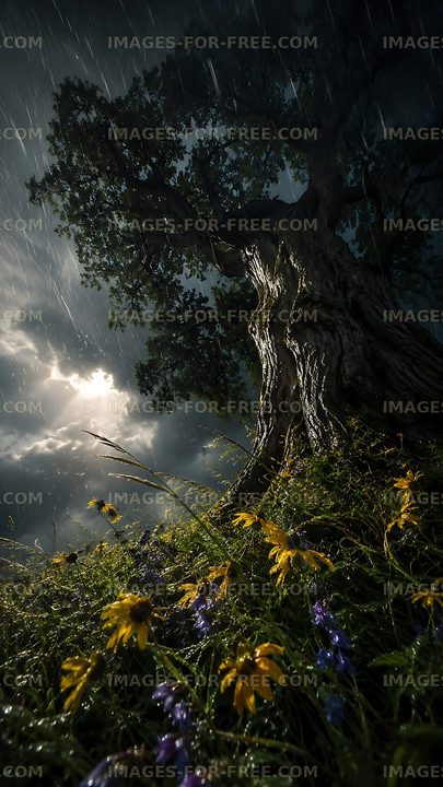 Rain falls on a tree with flowers in a dark landscape