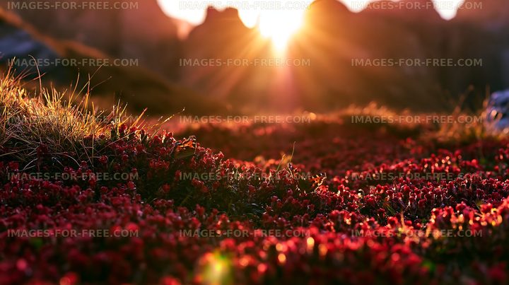 Sunrise over blooming red flowers in mountain landscape