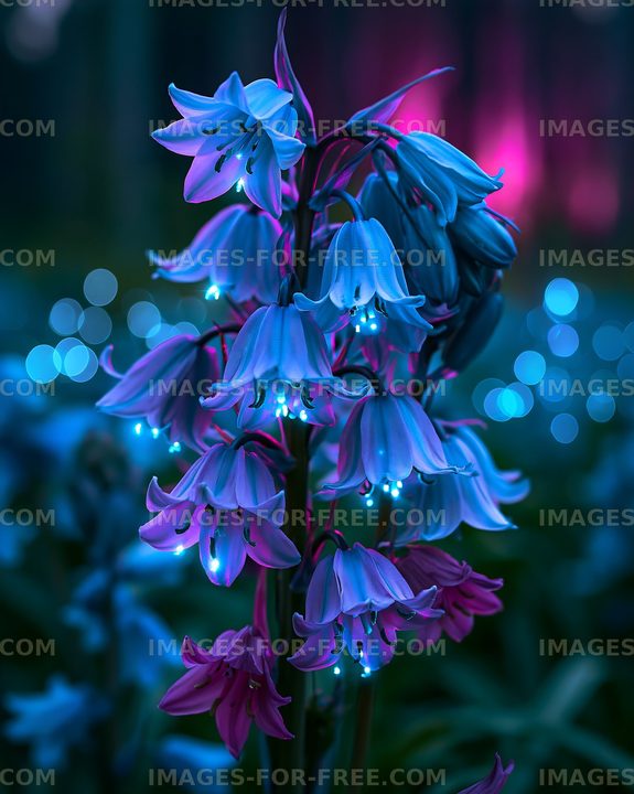 Flowers glowing with blue and purple lights in a dark forest