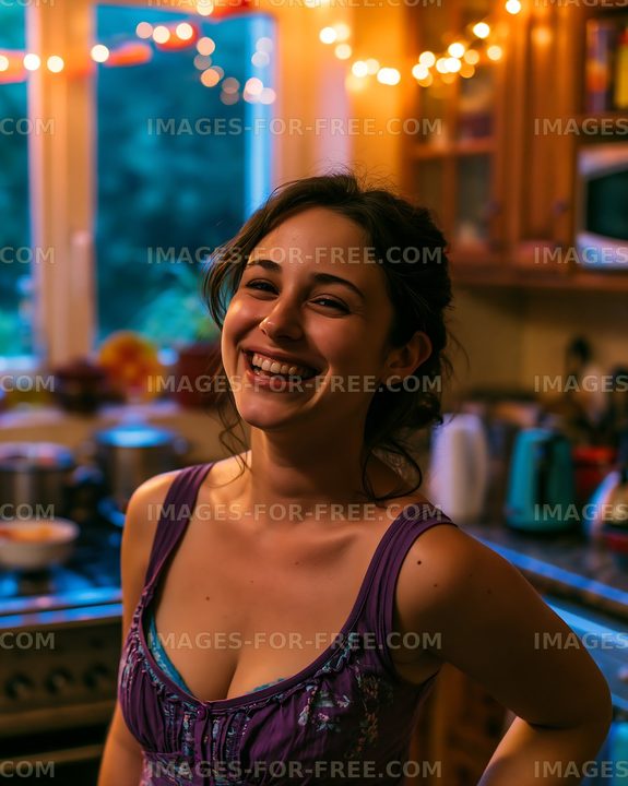Woman smiling in a cozy kitchen with warm lighting