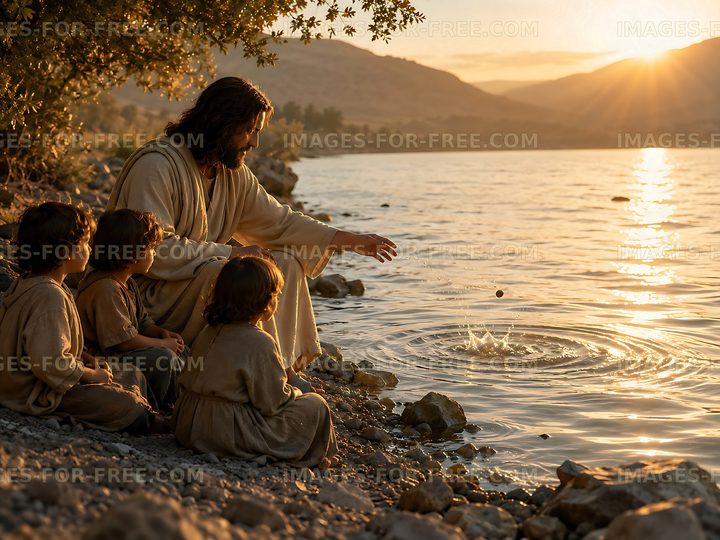 Jesus teaches children by the river at sunset