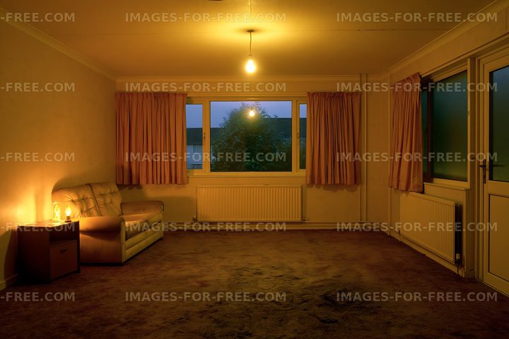 Living room with warm light at dusk