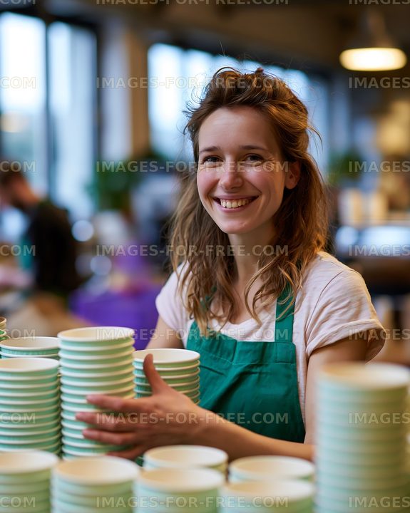 Barista stacking cups in a busy coffee shop