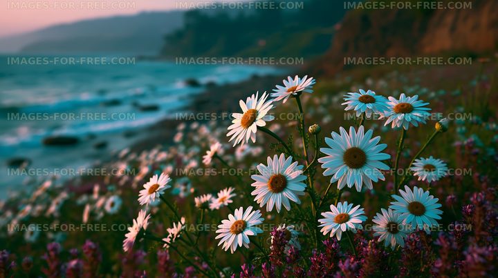 Daisies blooming along a coastal shoreline at sunset