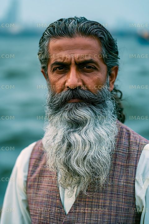 Man with long beard near water