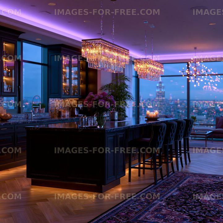 Luxury kitchen with city skyline view at dusk