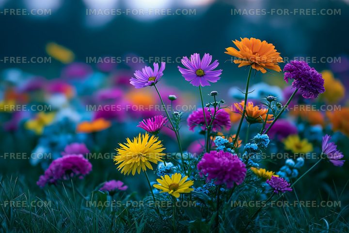 Colorful flowers in a vibrant field during sunset