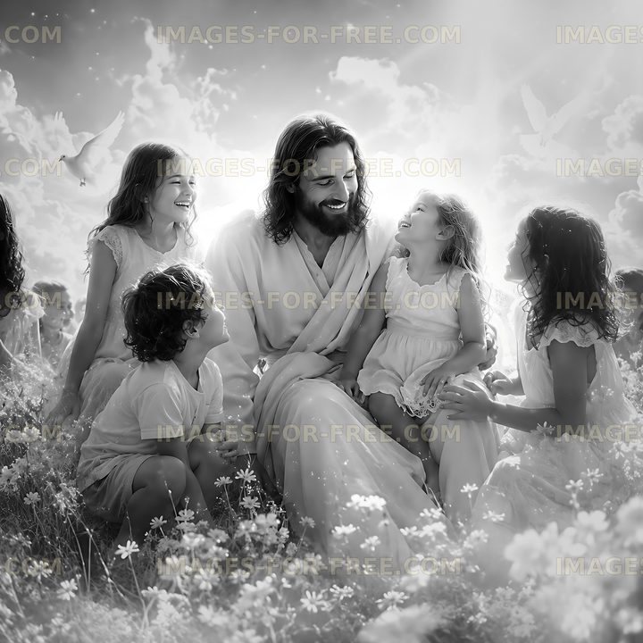 Jesus with children in a floral field