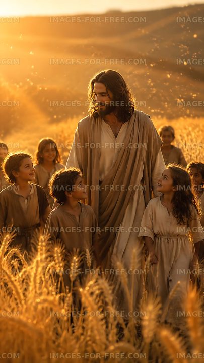 Jesus walks among children in a golden wheat field