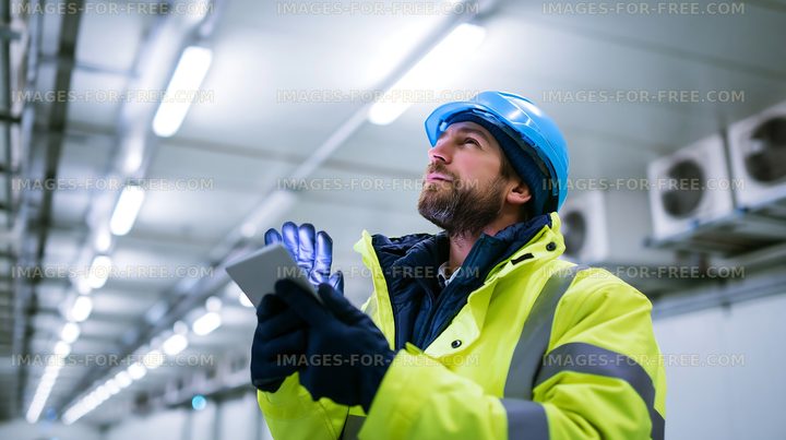 Construction worker checking equipment in industrial setting