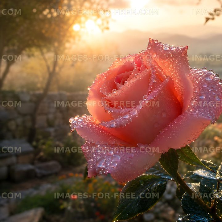 Pink rose with dew drops in a garden at sunset