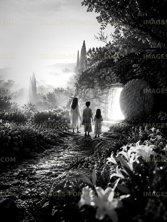 Children walking on a path in a garden at dawn