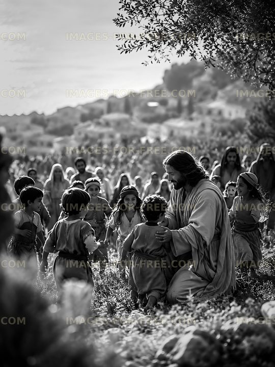 Crowd of children gathering around a figure in a natural setting