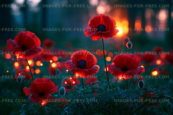 Poppies blooming near sunset in a natural setting
