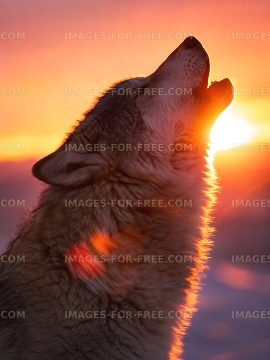 Wolf howling against a sunset backdrop