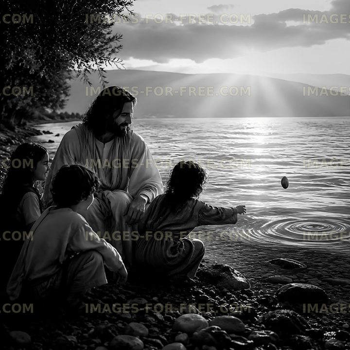 Jesus with children by the water at sunset