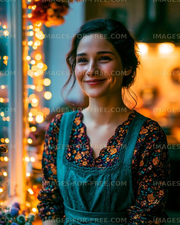 Smiling woman in cozy kitchen with warm lights