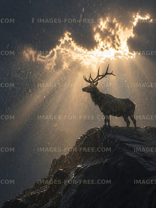 Elk standing on a rock with sunlight breaking through clouds