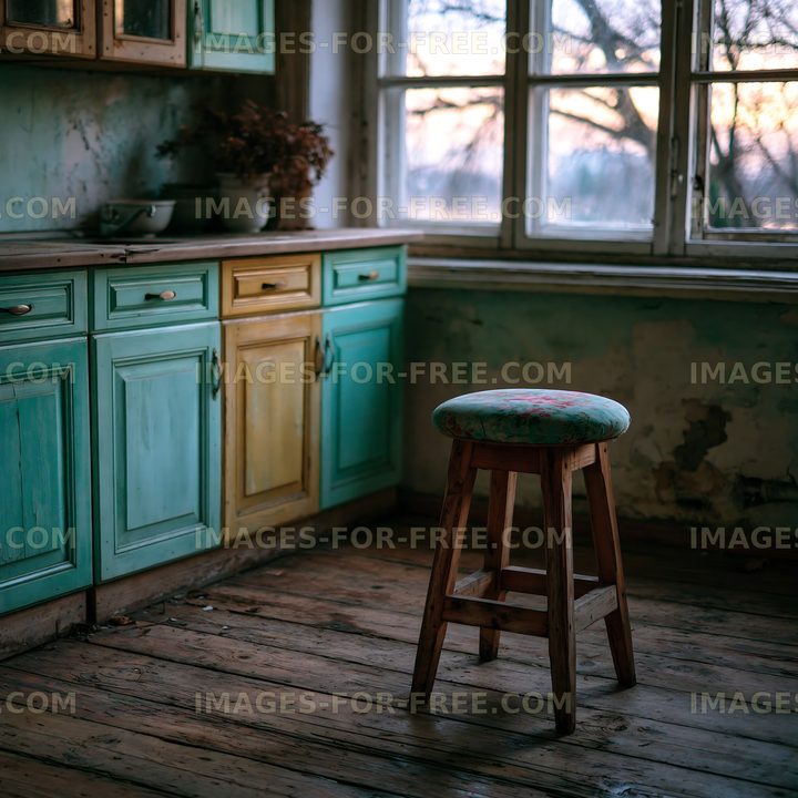 Rustic kitchen with wooden stool and colorful cabinets