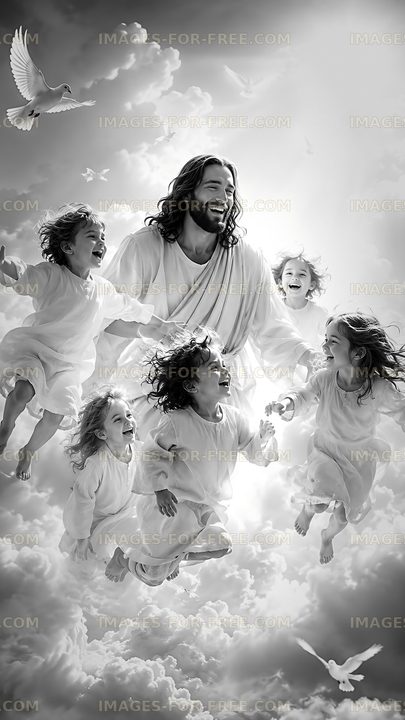 Children playing with Jesus in a cloud-filled sky