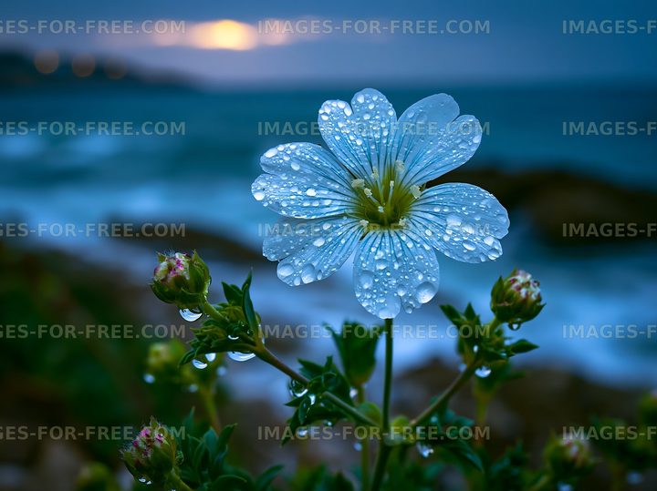 Flower with water droplets near the ocean at sunset