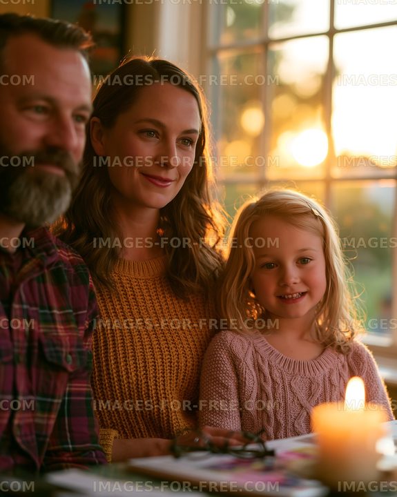 Family sitting together by candlelight at sunset