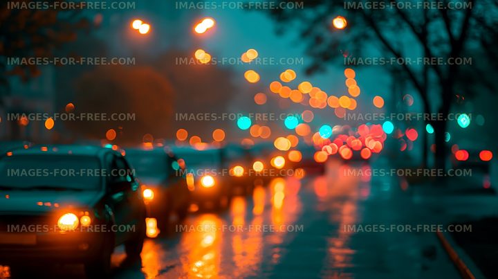 Traffic lights shine at night during rain