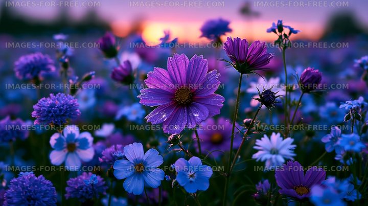 Colorful flowers bloom in a field at sunset