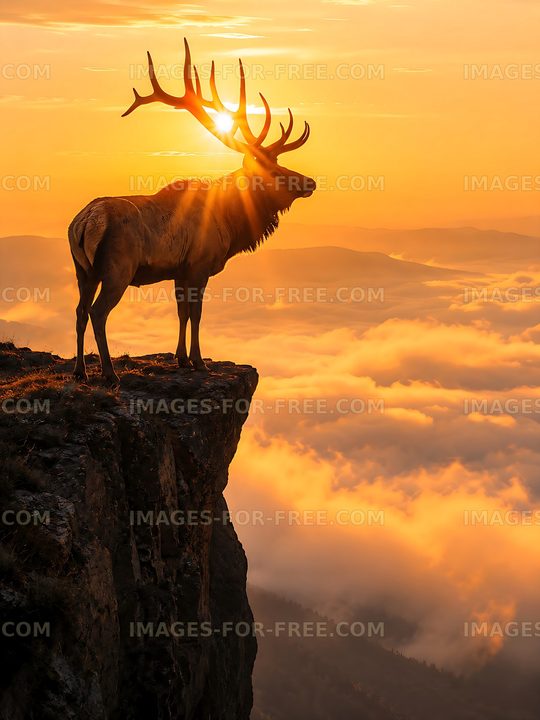 Deer standing on cliff at sunset with clouds below