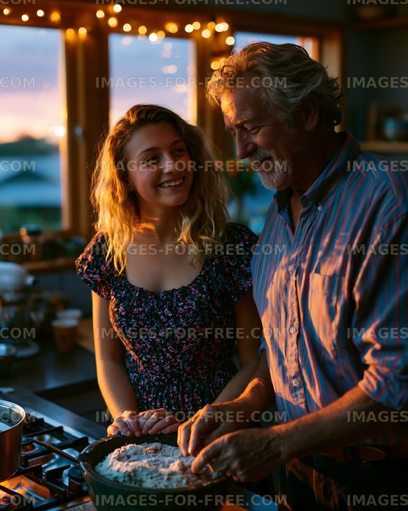 Baking together in a cozy kitchen during sunset