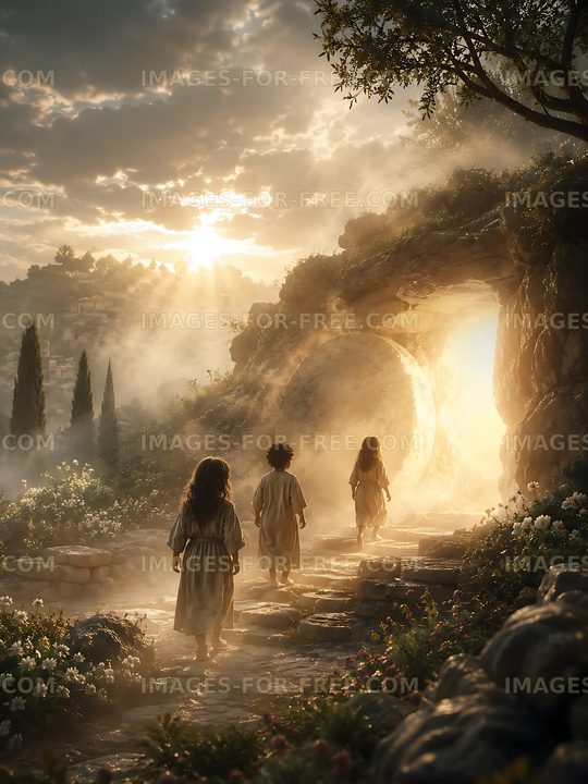 Children walking towards bright light in a serene landscape