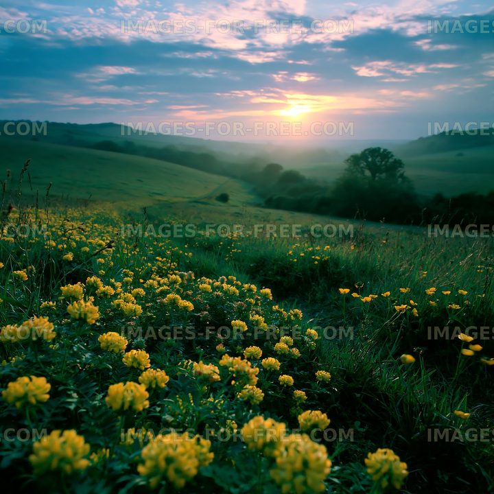 Sunrise over a field of yellow flowers in a rural landscape
