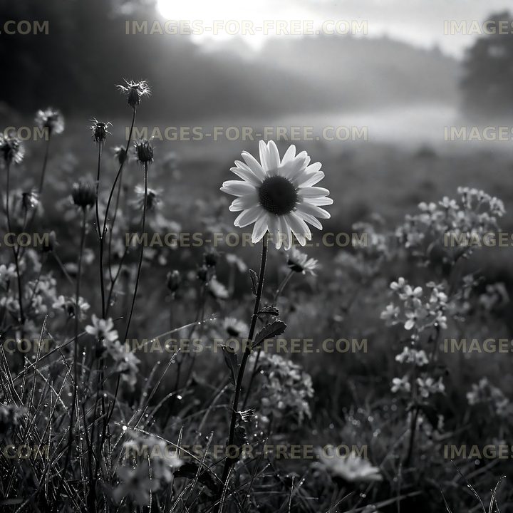 Flower in foggy field at dawn
