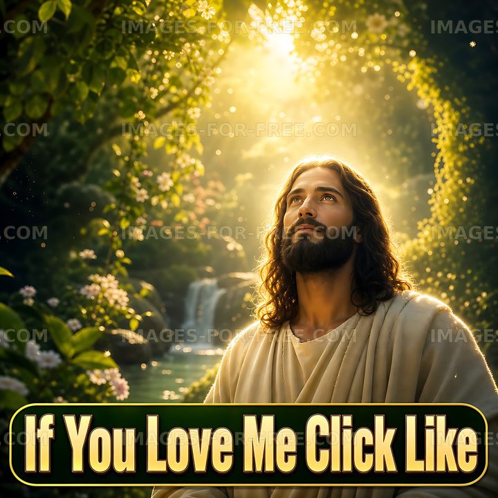 Jesus in a sunlit forest setting with flowing water