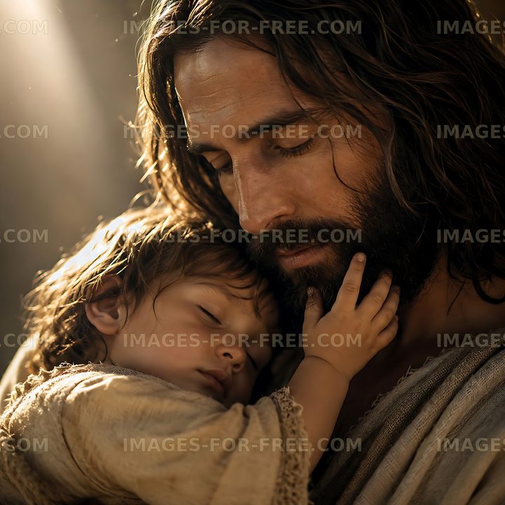 Father holding sleeping child indoors