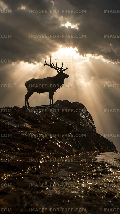 Stag stands atop a rock with sunlight breaking through clouds