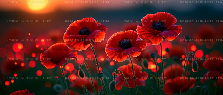 Red poppy flowers in a field during sunset